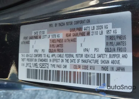 2020 Mazda Mazda6 Touring z USA, uszkodzony, nr VIN JM1GL1VM5L1526372